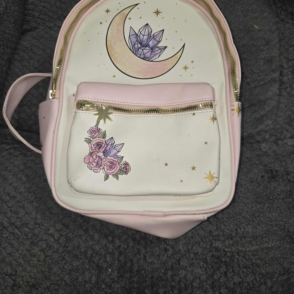 Hot Topic Pink and White Backpack with Moon and Floral Accents